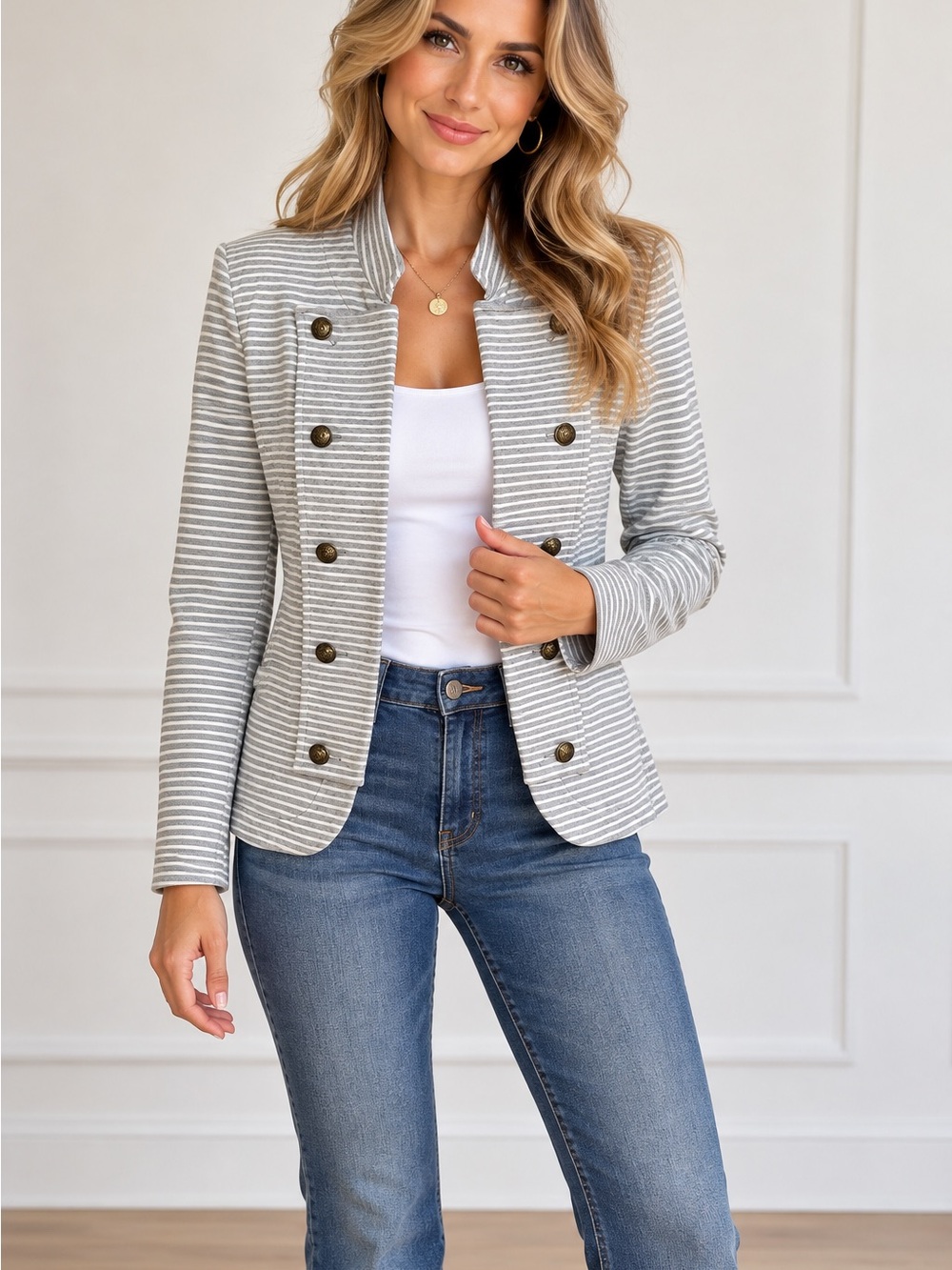 Tommy Hilfiger Striped Gray Double-Breasted Women's Blazer Jacket Size Large